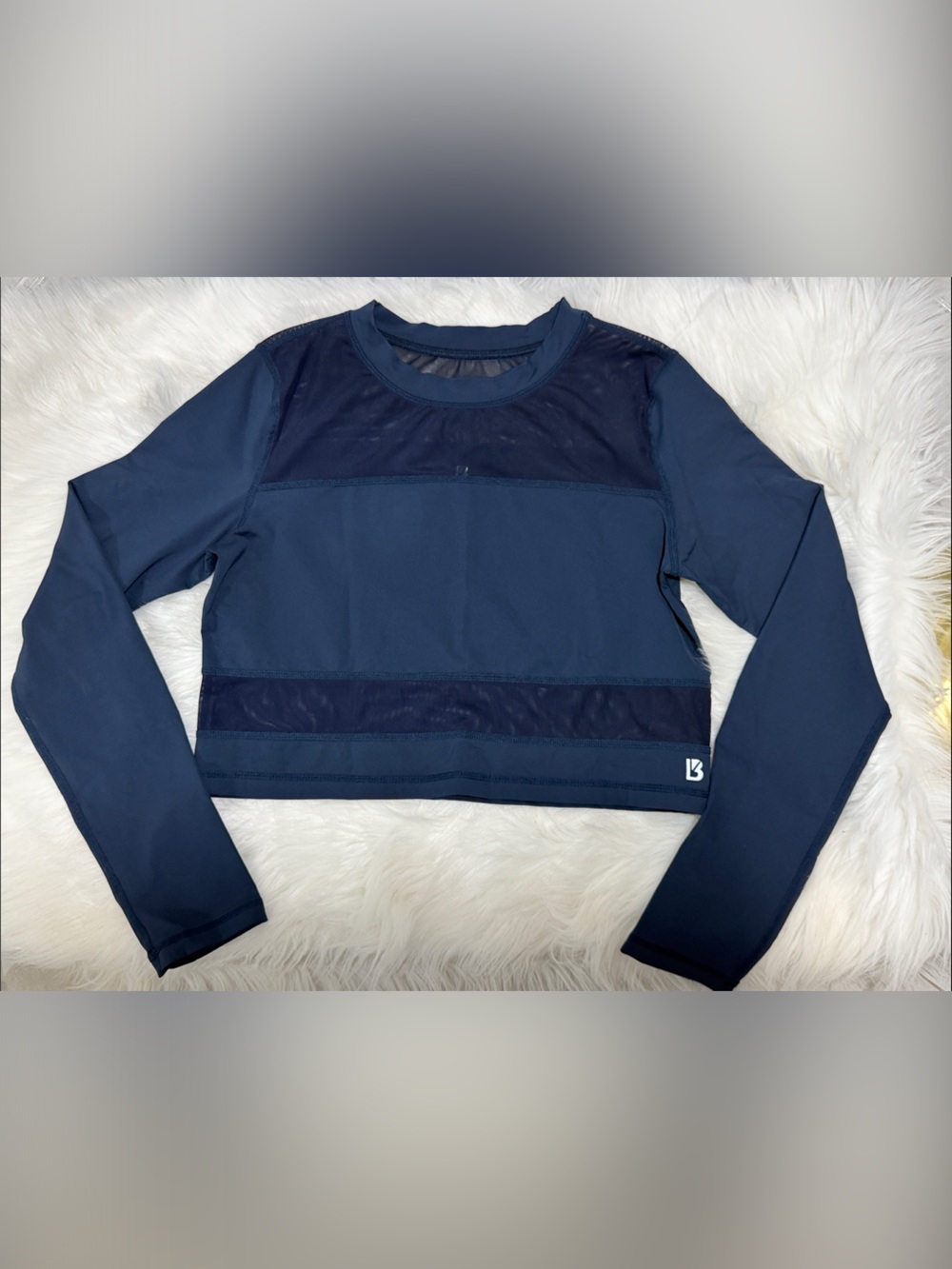 BuffBunny Navy Blue Long Sleeve Cropped Mesh Panels Sexy Athletic Womens Top- XL